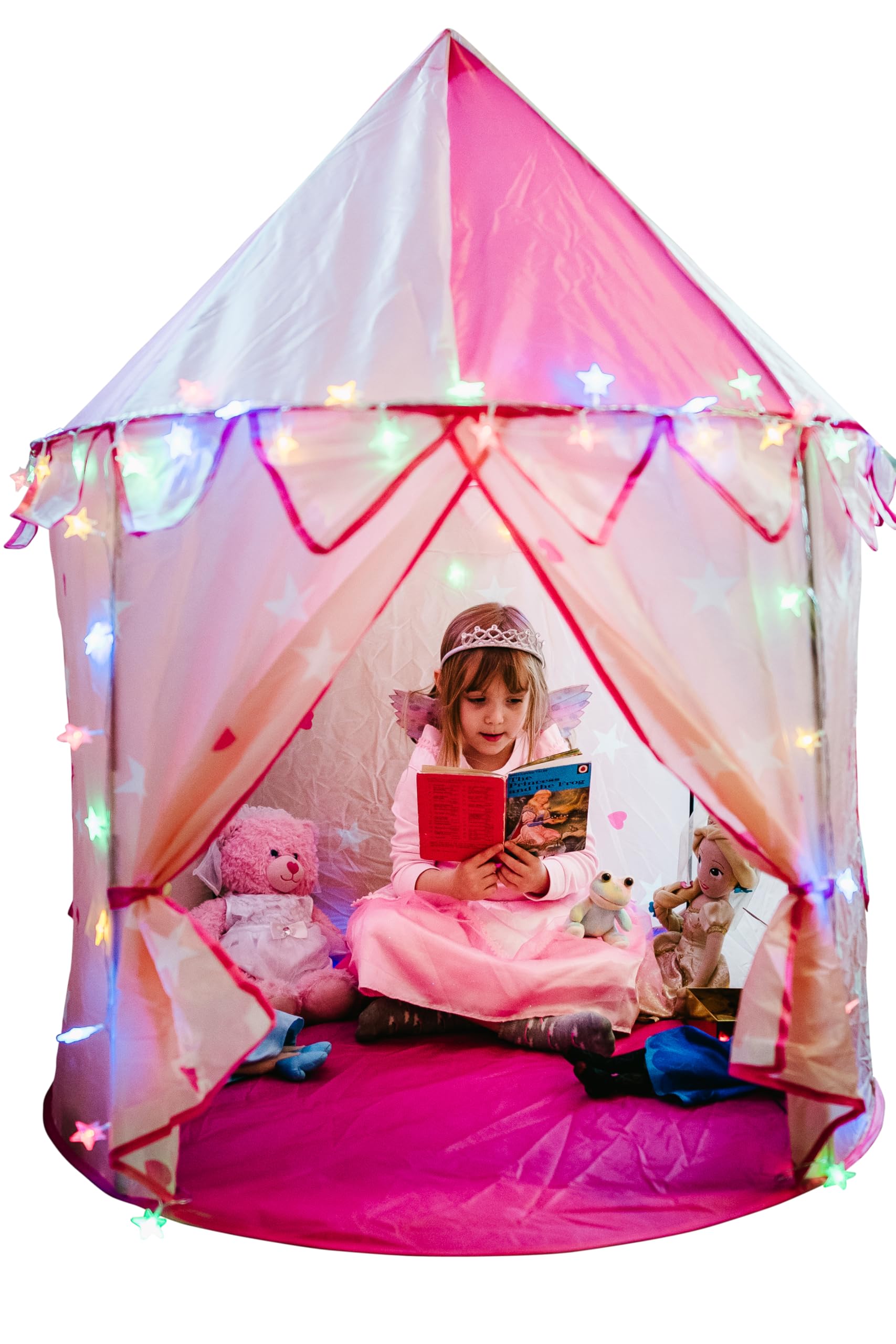 Kids Play Tent for Girls; Multi-Coloured Star Lights & Toy Rainbow Frog. Compact Size Kids Play Tents-105 cm wide. Pop Up Tent for 3 4 5 6 7 Year Old Girls – Indoor/Outdoor play tent