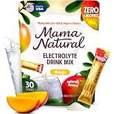 Mama Natural Electrolytes Powder Packets &ndash; Instant Hydration with natural Sea Salt, Potassium &amp; Magnesium Glycinate &ndash; Sugar Free, Organic Mango Flavor &ndash; 30 Travel Sticks for Postpartum &amp; Pregnancy