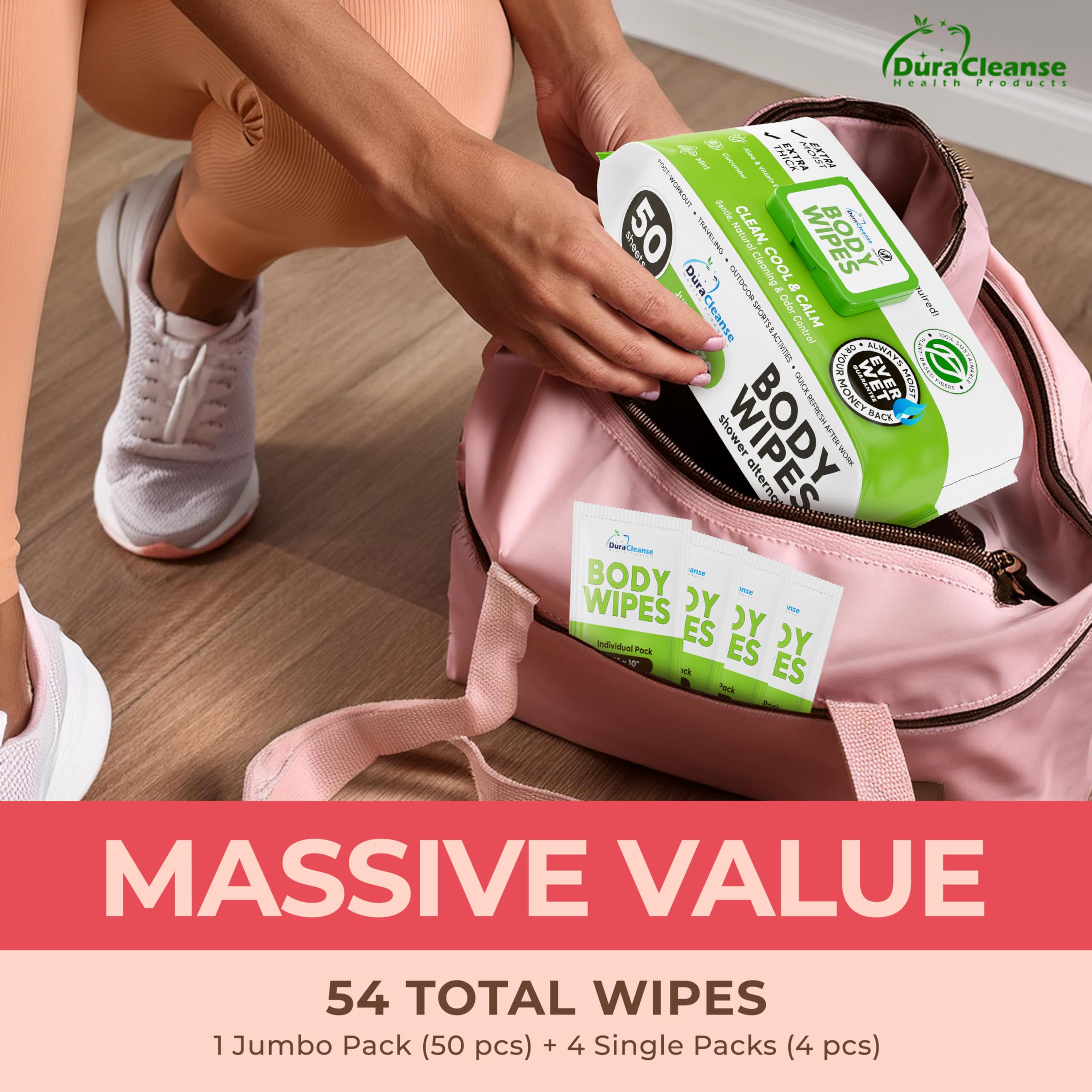 Body Wipes for Women, Extra Moist No Rinse Bathing Wipes - 50 XL Shower Cloths + 4 Travel Size Bath Sheets - 9