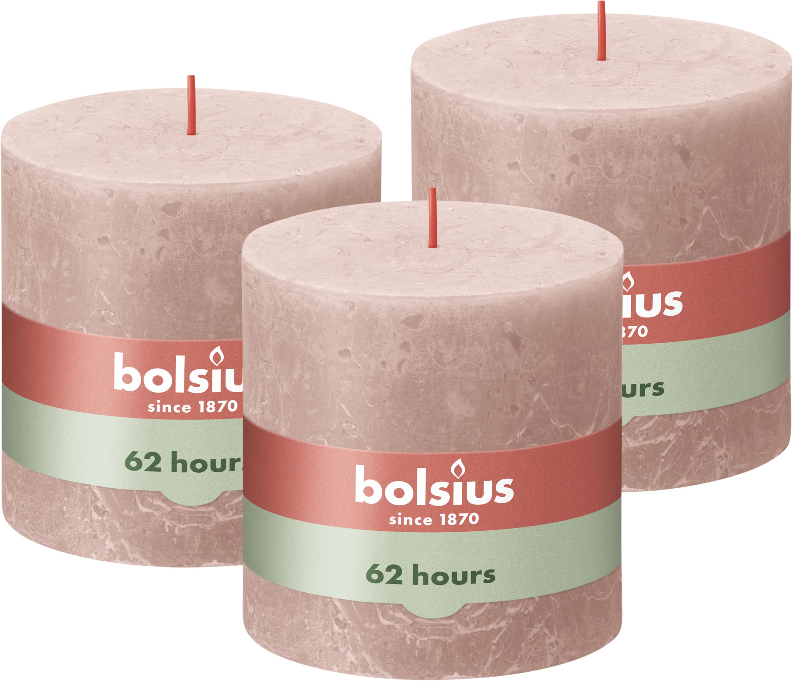 Bolsius Rustic Pillar Candle XXL - Soft Pink - Pack of 3 - Long Burning Time of 62 Hours - Decoration - Unscented - Includes Natural Vegan Wax - No Palm Oil - 10 x 10 cm