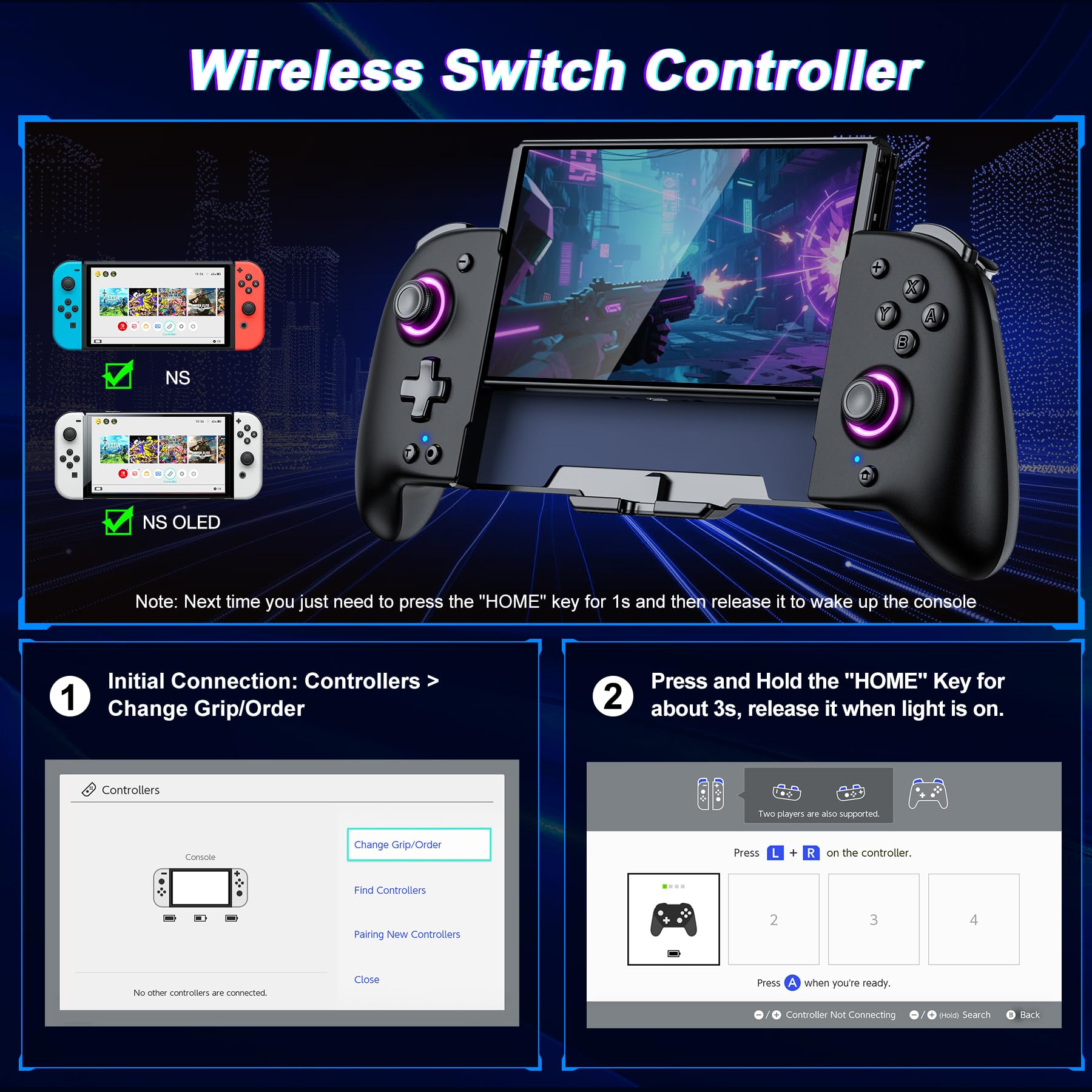Gammeefy Switch Controllers Compatible with Nintendo Switch/Switch OLED, One-Piece Joypad Controller Replacement for Switch Pro Controller with 9 Lights Color, Christmas Gifts