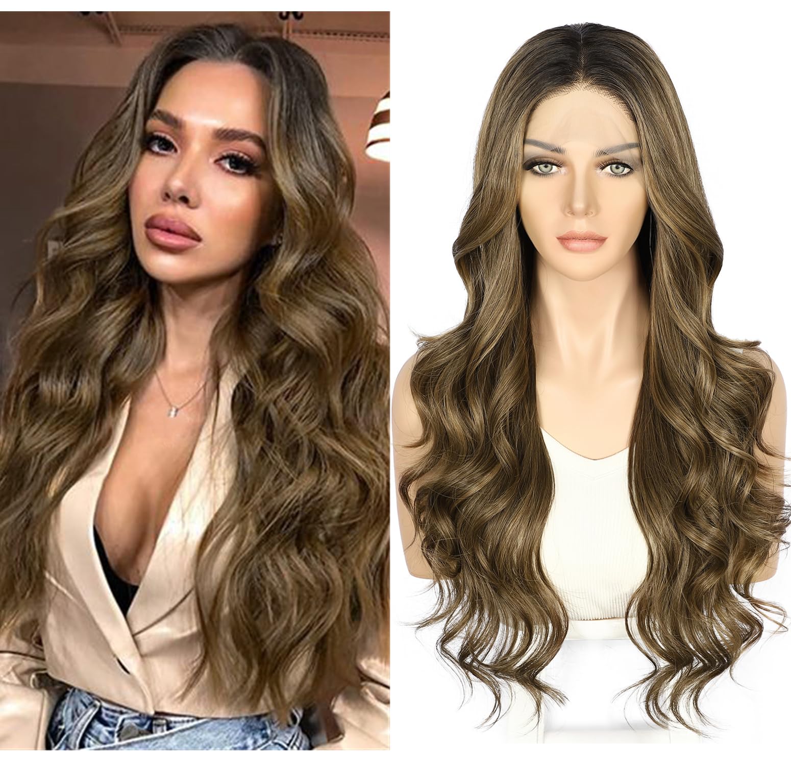 Sapphirewigs Brown Lace Front Wig Synthetic Body Wave Ombre Brown Balayage Synthetic Lace Front Wigs Party Date Daily Wear Christmas Natural Looking 26 inch — image 1