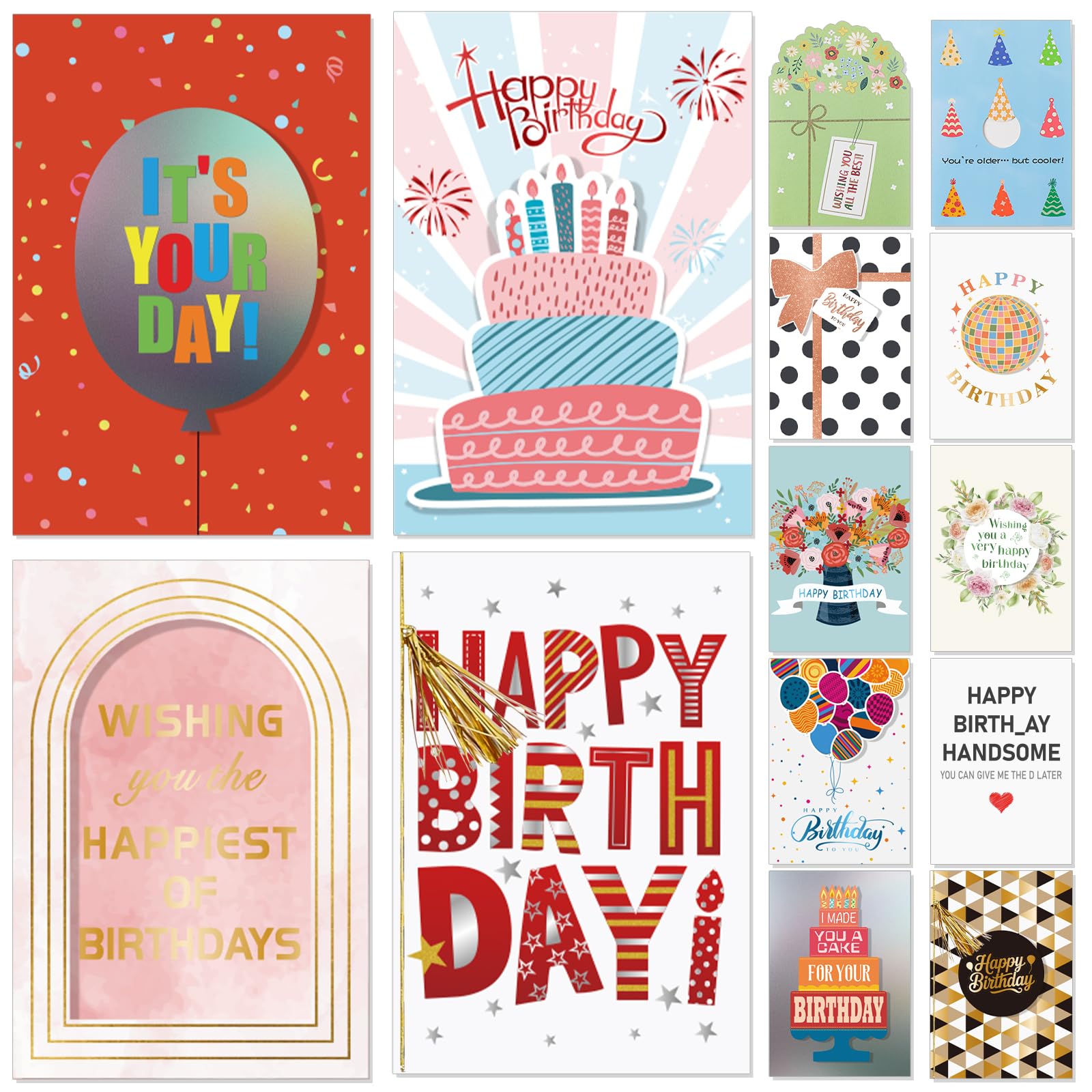 Photo 1 of 14 Pack 3D Handmade Birthday Cards Bulk with Envelopes, Unique Greeting Cards for Women & Men, 4.7×6.8 Inch, Gold Foil, Glitter, Happy Birthday Cards with Printed Messages – For Friends, Family, Coworkers