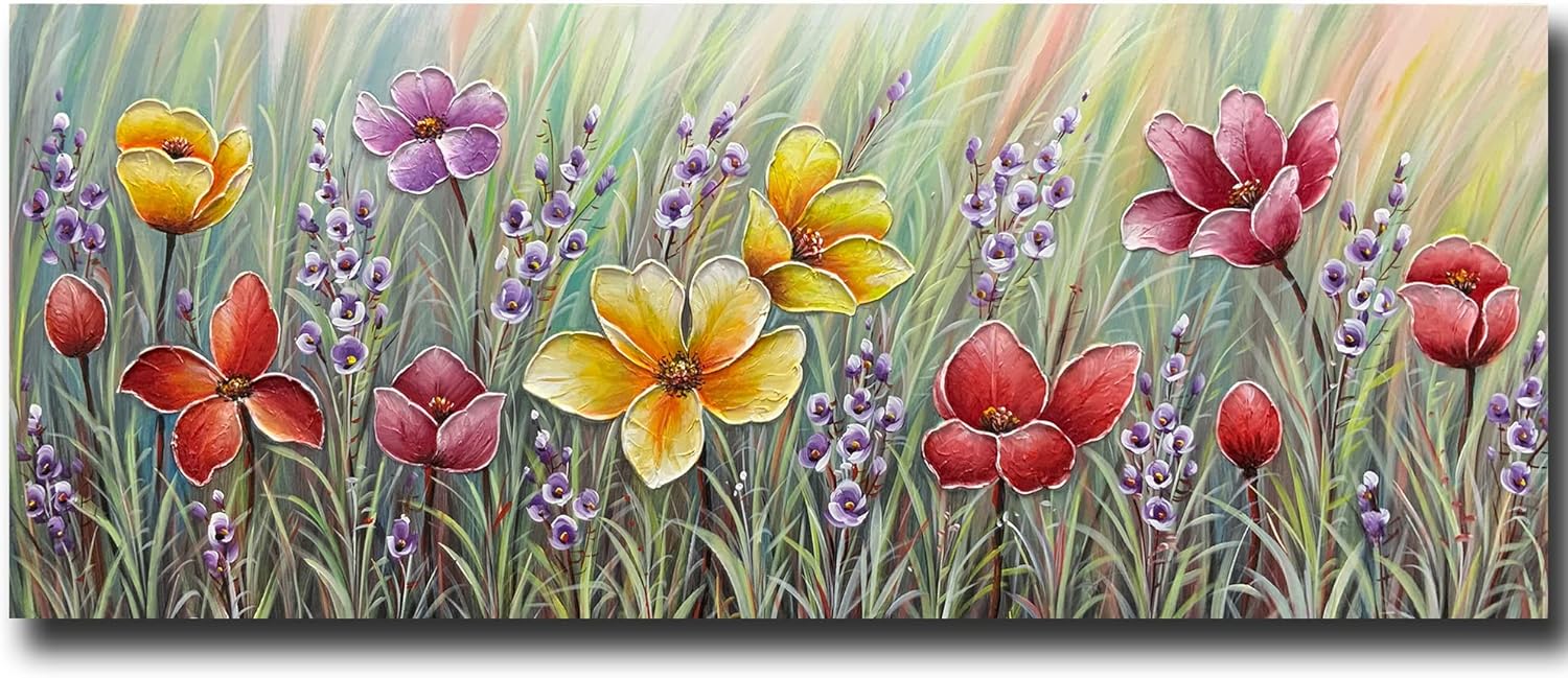 Paintings - V-inspire Art,24x60 inches 100% Hand-Paintined Modern Oil Painting Canvas Wall Art for Living Room Bedroom Colorful 3D Flower Framed Wall Decor