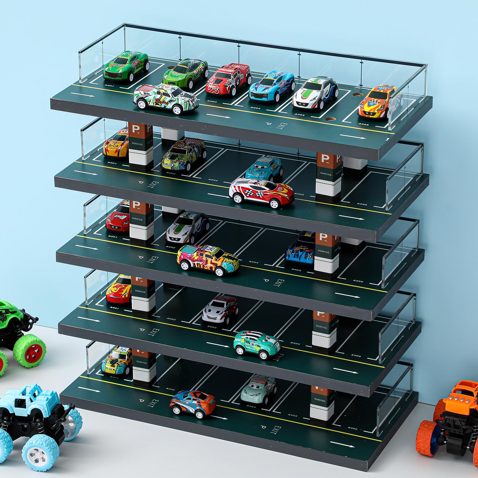 Seenelling Storage Display Garage for Hot Diecast Wheels Toy Car Parking Garage Diorama Freestanding Storage Display Case for 1/64 Scale Diecast with 5 Levels 30 Spots Maximum 50 Cars