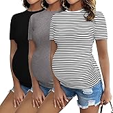Ekouaer Womens Maternity Shirts Short Sleeve 3 Packs Crew Neck Pregnancy Tee Tops Tunic Blouse Soft Mama Clothes S-XXL
