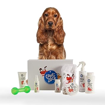 Captain Zack - The Cocker Spaniel Groom Box Ultimate 8-in-1, Head-to-Paw Groom-Kit for Your Dog - (Shampoo +Conditioner +Dry Shampoo +Paw Butter +Toy) - pH Neutral and Paraben Free