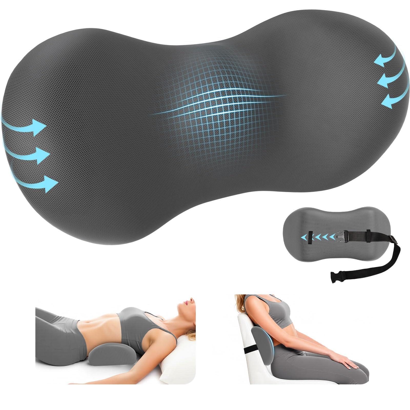 SweetSlubr Lumbar Support Pillow for Office Chair - Memory Foam Lumbar Pillow with Detachable Strap & Breathable Cover, Ergonomic Back Support for Office Chair, Car, Bed Rest (Grey)