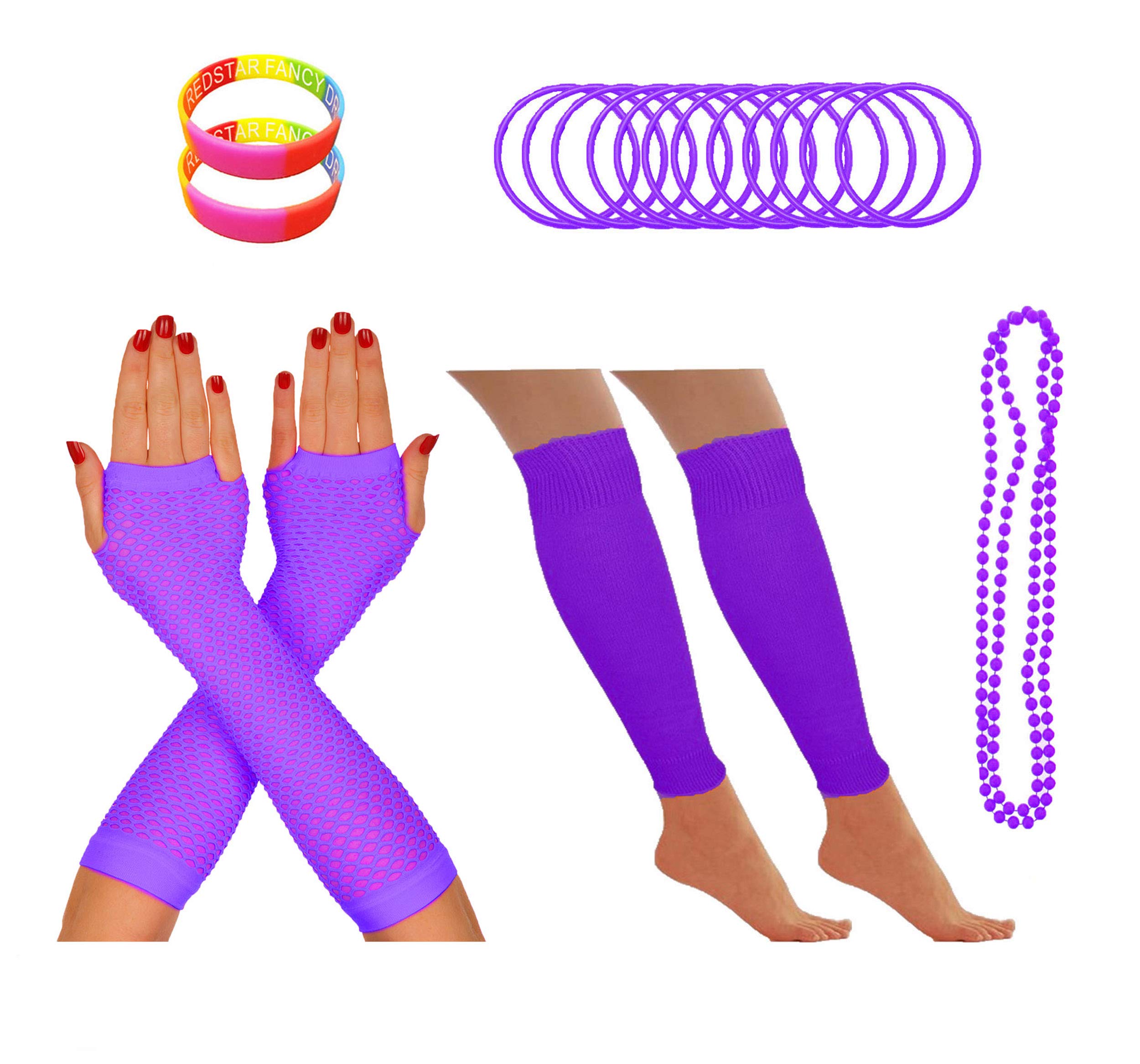 REDSTAR FANCY DRESS® Neon 1980s Party Outfit - Leg Warmers Fishnet Gloves Necklace Beads Gummies Neon Wristband (Purple)