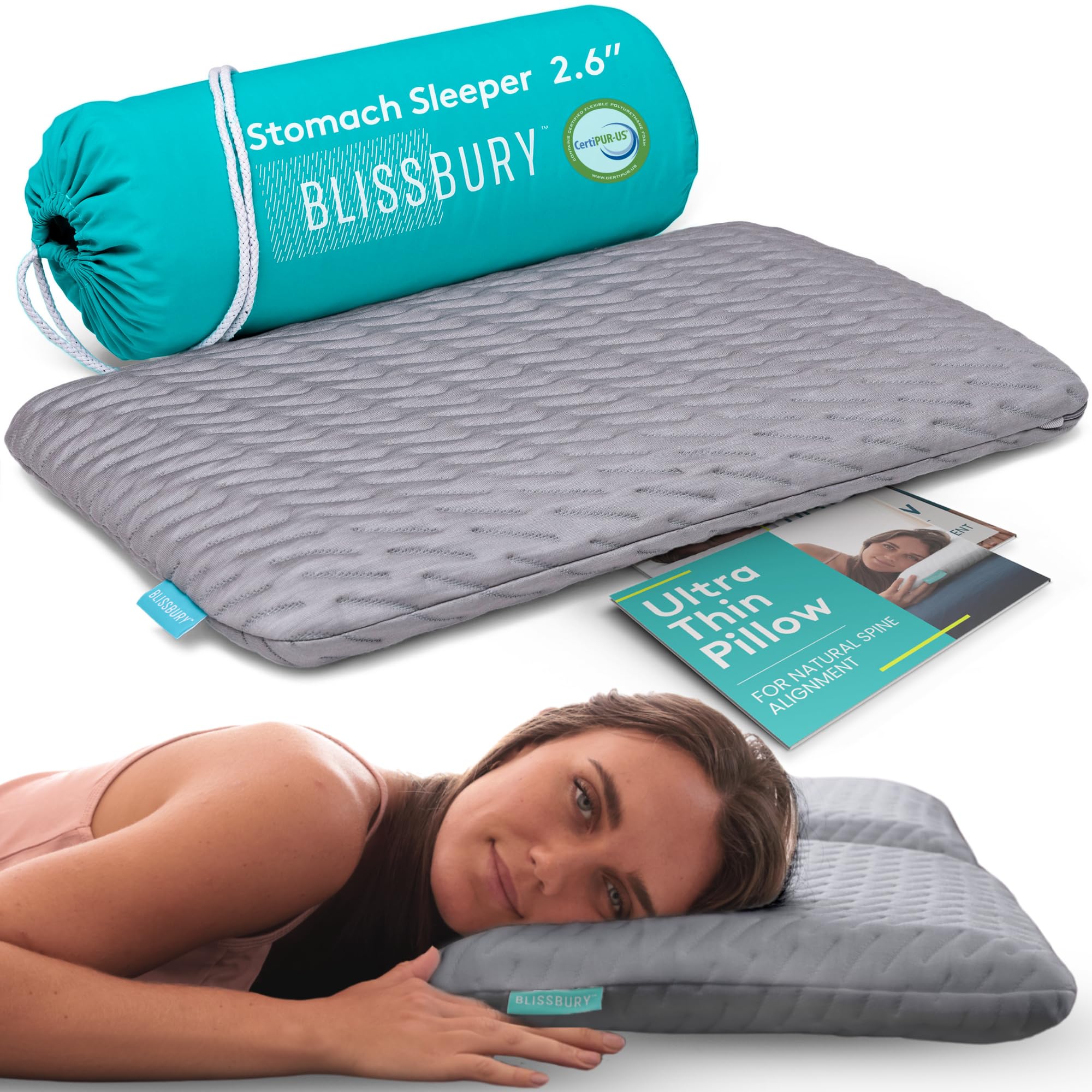 BLISSBURY Thin 2.6" Stomach Sleeping Memory Foam Pillow. Slim, Flat, Cooling Sleep for Belly or Back with Soft Bamboo Washable Cover, Neck and Head Support for Men and Women Bedding Accessories