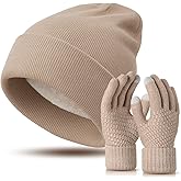 Silicherry Winter Fleece Lined Knit Beanie Hat Touchscreen Gloves Set Winter Slouchy Warm Cuffed Beanie for Women Men Gift