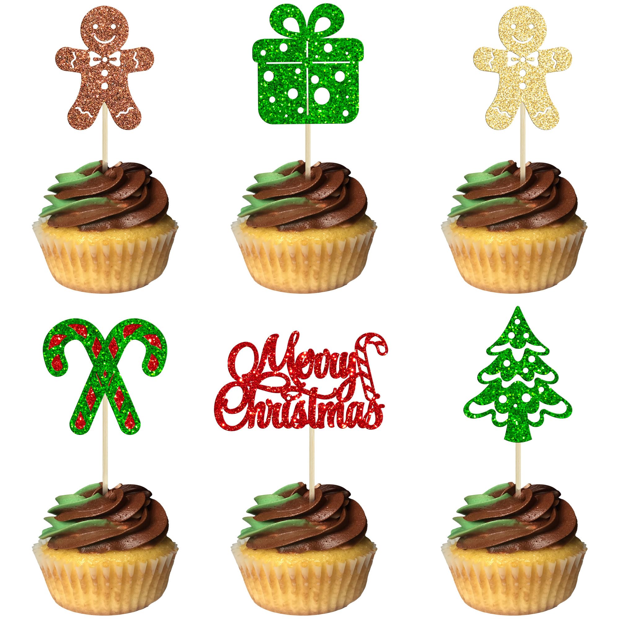 24Pcs Christmas Gingerbread Man Cupcake Toppers Gift Tree Cupcake Pick Decorations for Xmas Holiday New Year Baby Shower Kids Birthday Party Supplies