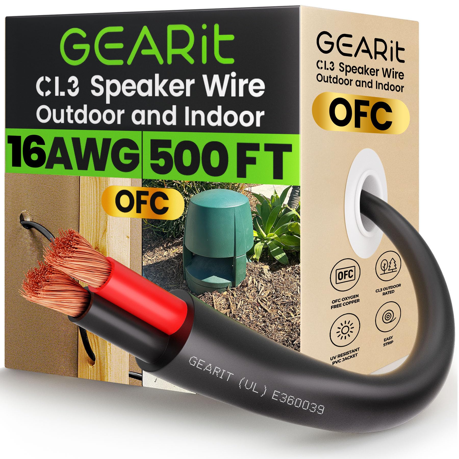 GearIT Outdoor Speaker Wire OFC 2x1.5mm≤ (152.4 Meters - Black) Oxygen-Free Copper - Hi-Fi Audio Cable for Direct Burial in Ground/In-Wall / CL3 CL2 Rated / 2-Conductors - 16 Gauge AWG, 500 Feet