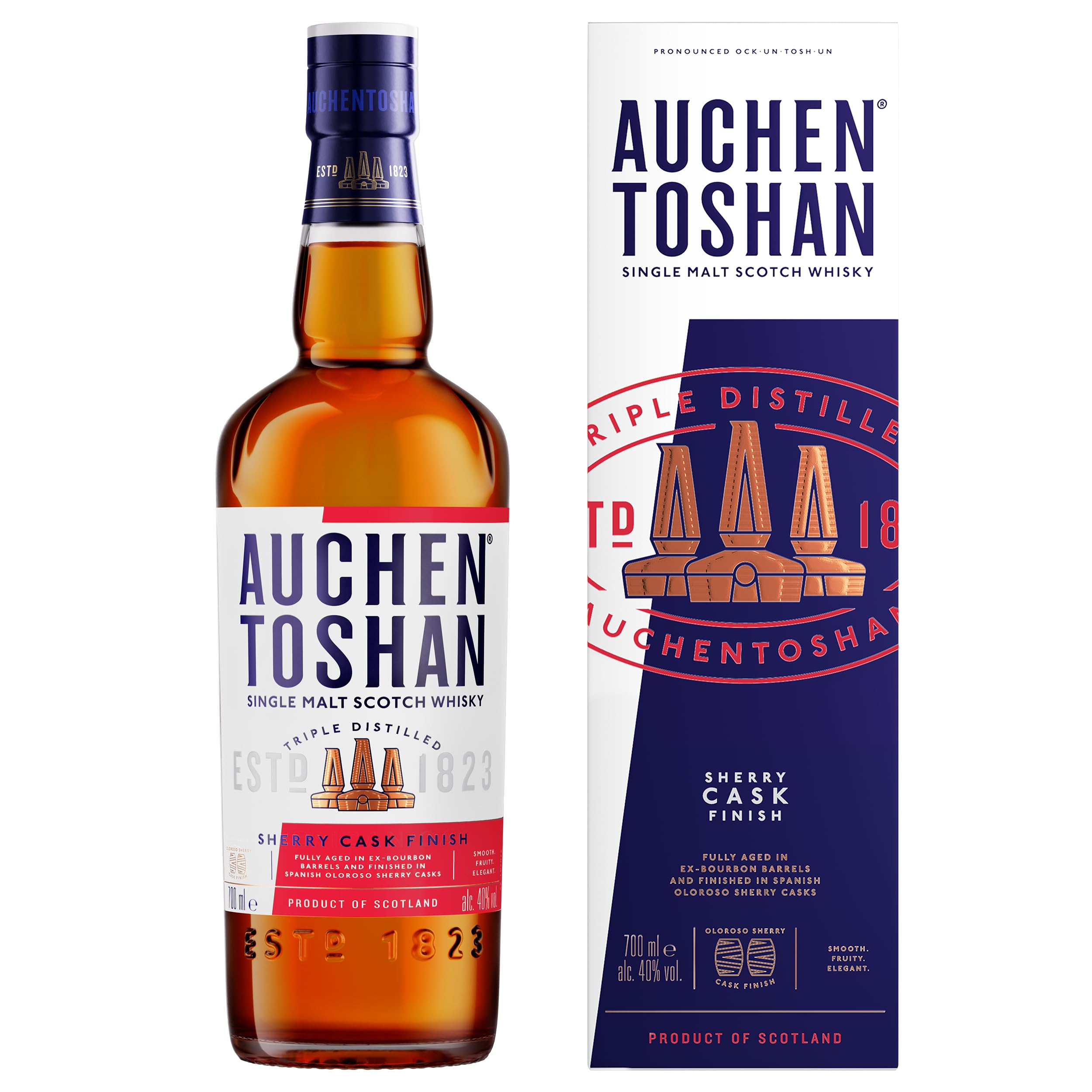 Auchentoshan Sherry Cask Finish - Single Malt Scotch Whisky - mit Geschenkverpackung - Dreifach destilliert - Fruchtig & Mild - Noten von Karamell, Rosinen & Gewürzen - 40% Vol - 700ml Einzelflasche