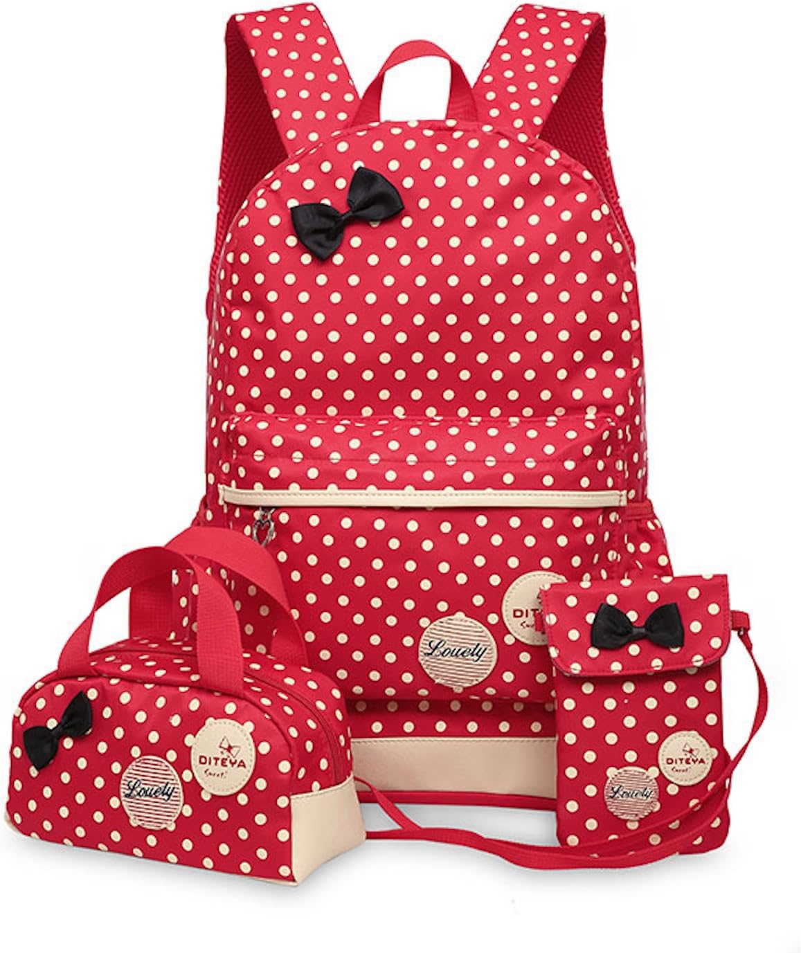 Canvas Backpacks Set Girls School Bags Zipped Daypack Travel Satchel Shoulder Messenger Bag Kids Shoulder Bag Rucksack Laptop Casual Shoulder Bag Pencil Case Polka Dot 3pcs Red