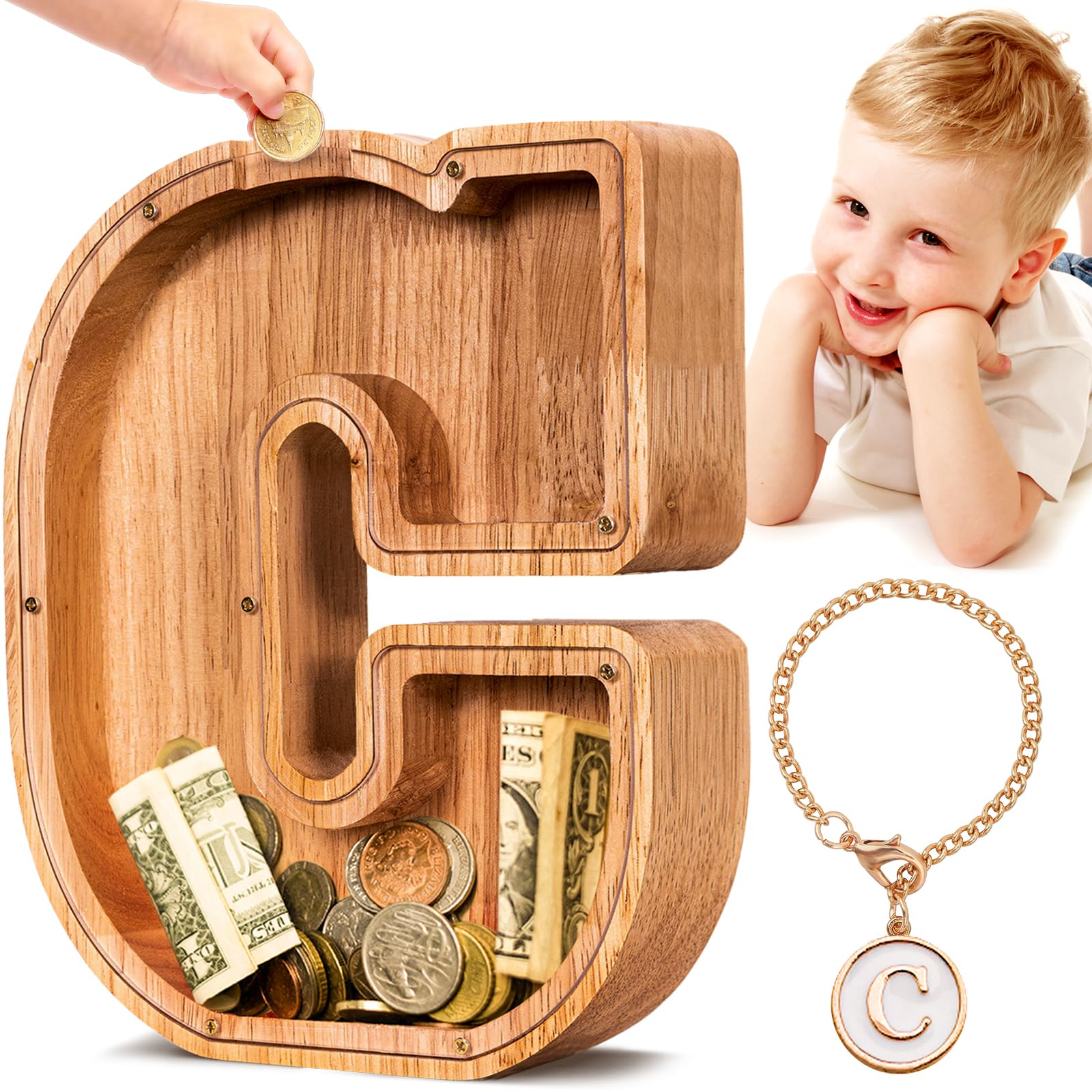 SummiDate Wooden Letter Money Box for Kids, Personalised Piggy Bank for Boys Girls Toddler, Alphabet C Coin Money Bank for Birthday Children's Day Gift