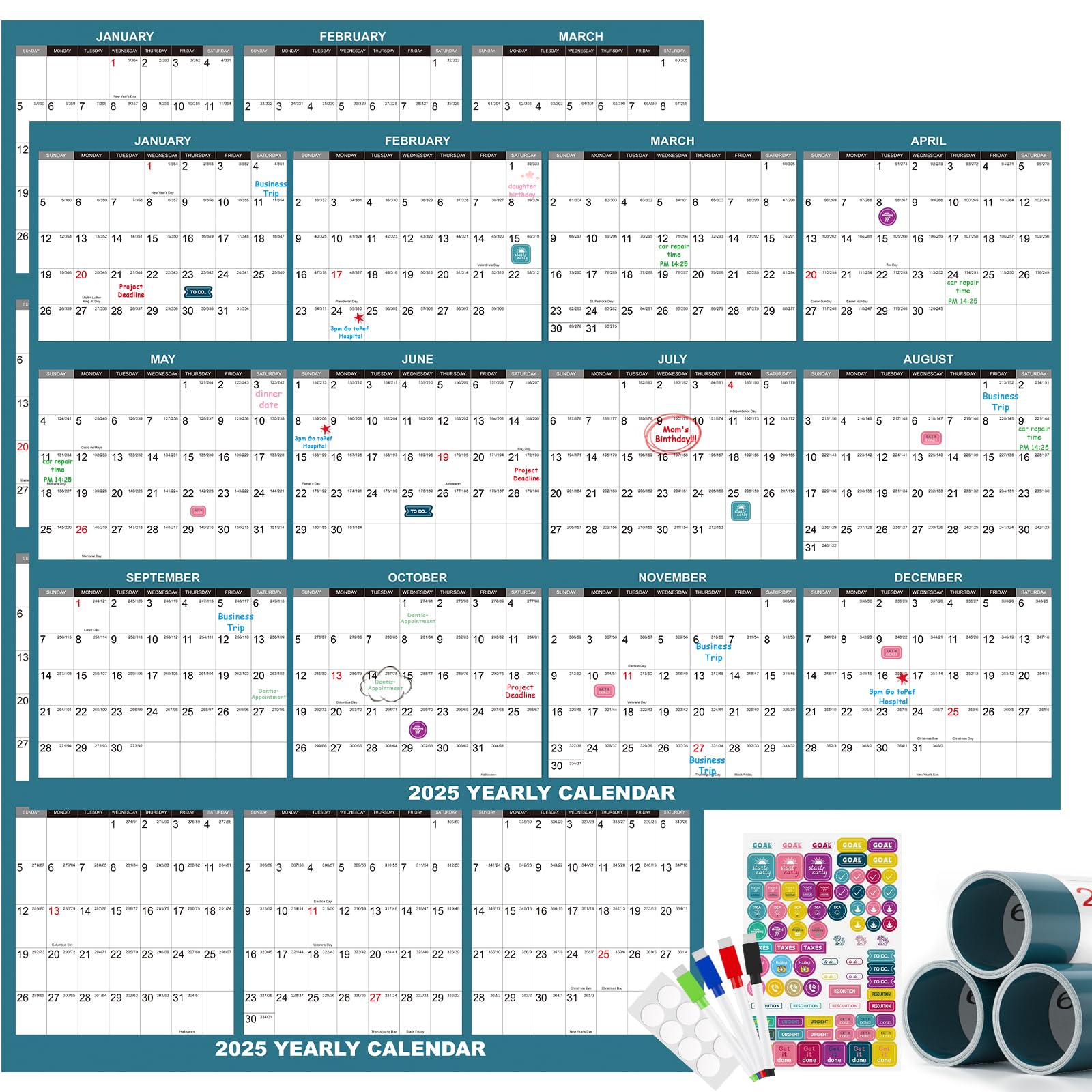 Photo 1 of 32" x 48" 2025 Wall Calendar Dry Erase - Rolled Shipping - 12 Month Yearly Planner - Wet & Dry Erase Monthly Calendar Erasable Calendar Vertical/Horizontal, Erasable & Reusable