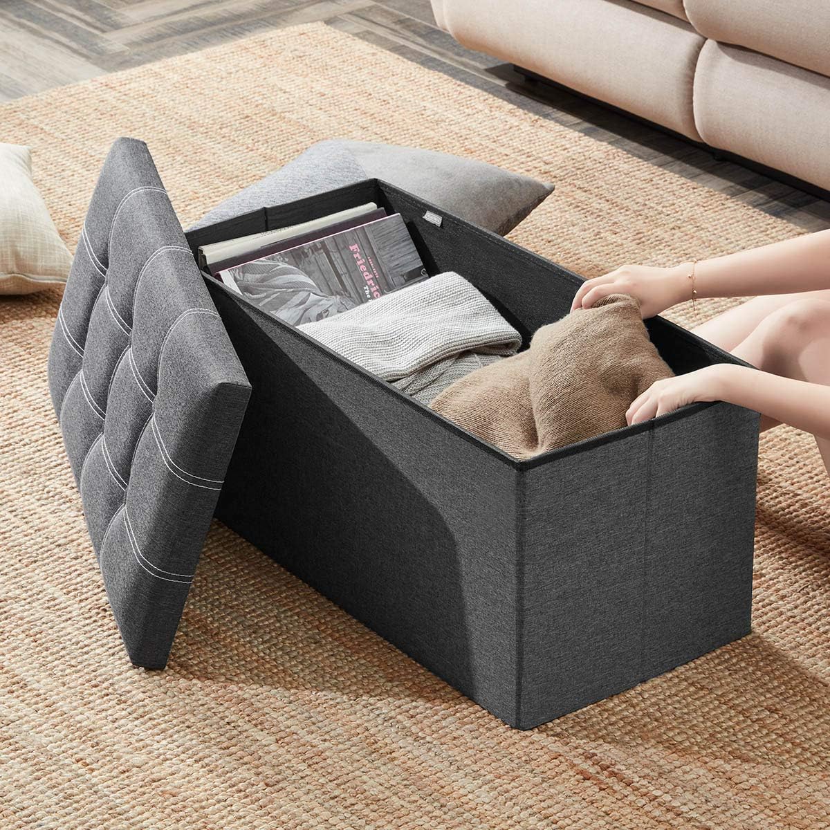 YOUDENOVA 30 inches Storage Ottoman Bench, Foldable Footrest Shoe Bench with 80L Storage Space, End of Bed Storage Seat, Support 350lbs, Linen Fabric Grey: Kitchen & Dining