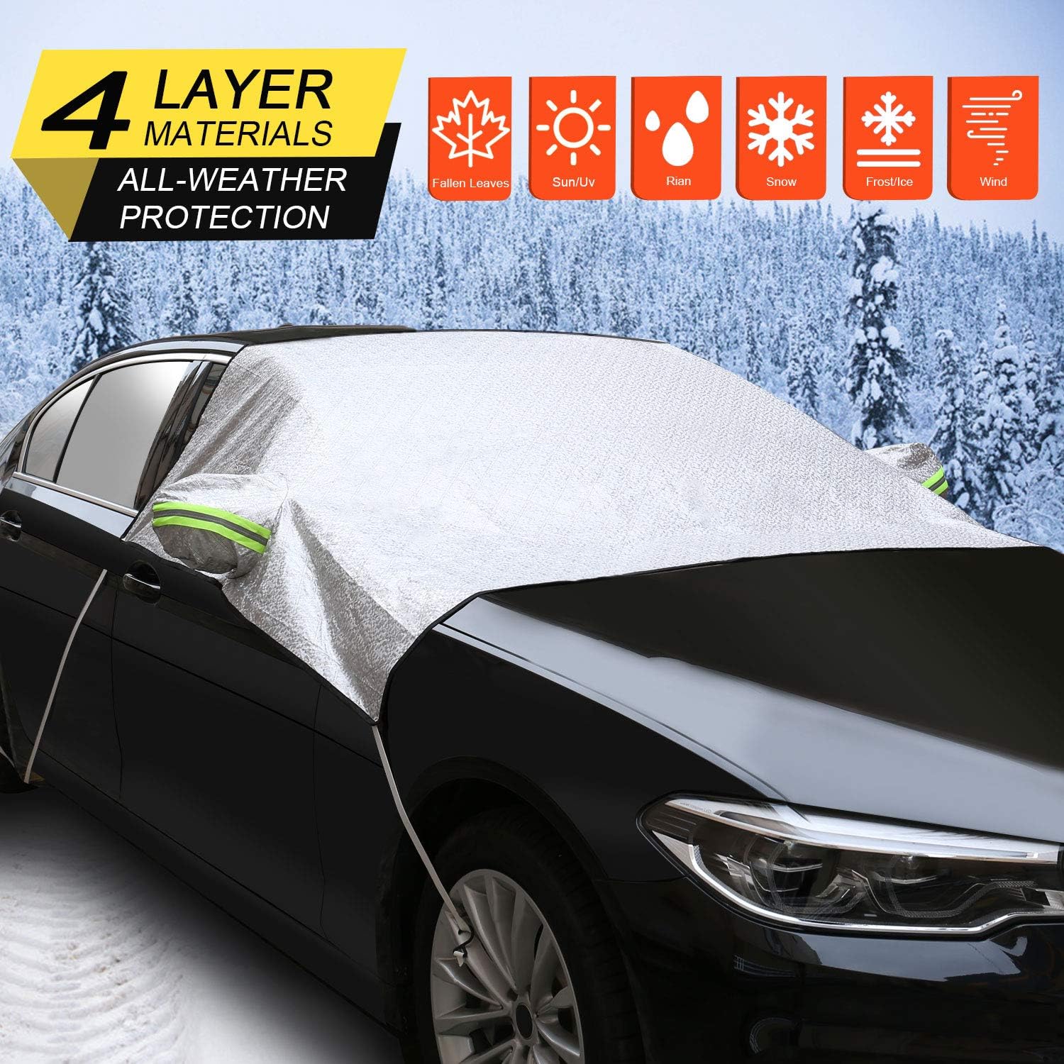 5-Piece Car Mirror & Wiper Covers - All Season Dust/Frost Protection, Windproof With Drawstring (Black)