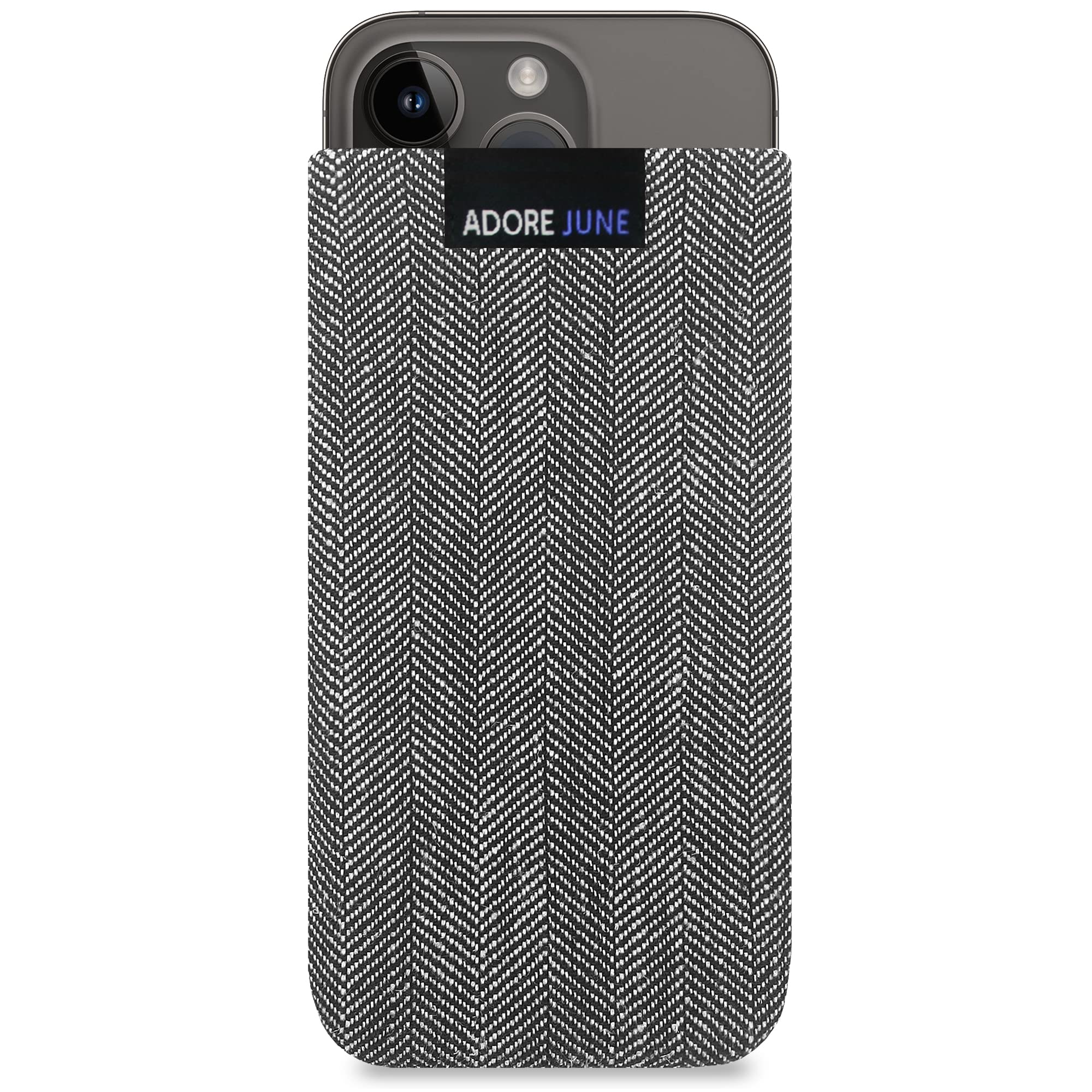 Adore June Business case compatible with iPhone 15 14/iPhone 15 14 Pro mobile phone case made of characteristic herringbone fabric - grey/black, display cleaning effect, 15.4 x 8.5 cm