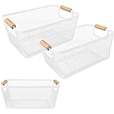 2Pack Metal Mesh Steel Basket with Bamboo Handle - Wire Metal Basket for Kitchen Organization, 12" Wide Food Organizer Bin, Perfect for Organizing Bulk Pantry (WHITE)