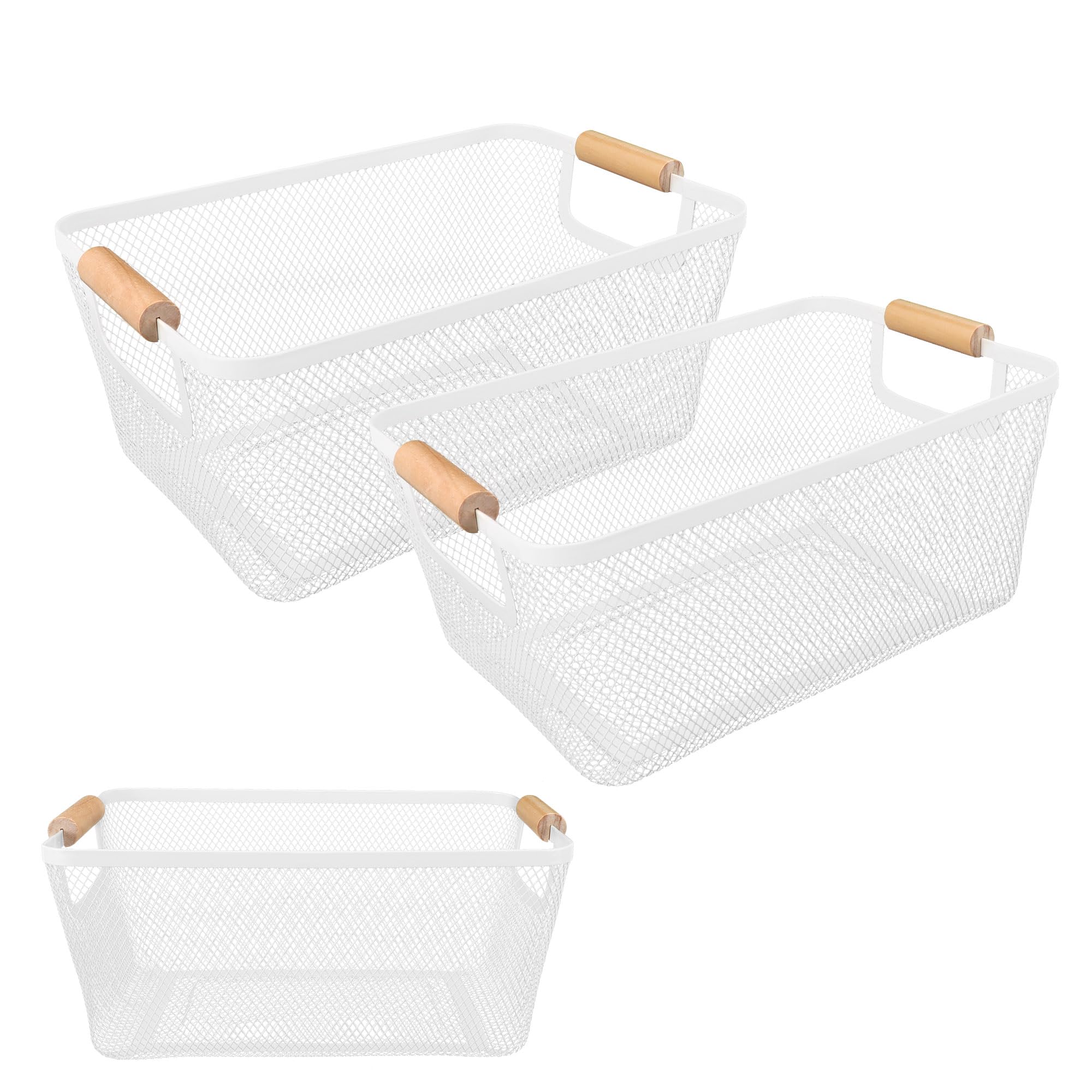 Photo 1 of 2Pack Metal Mesh Steel Basket with Bamboo Handle - Wire Metal Basket for Kitchen Organization, 12" Wide Food Organizer Bin, Perfect for Organizing Bulk Pantry (WHITE)