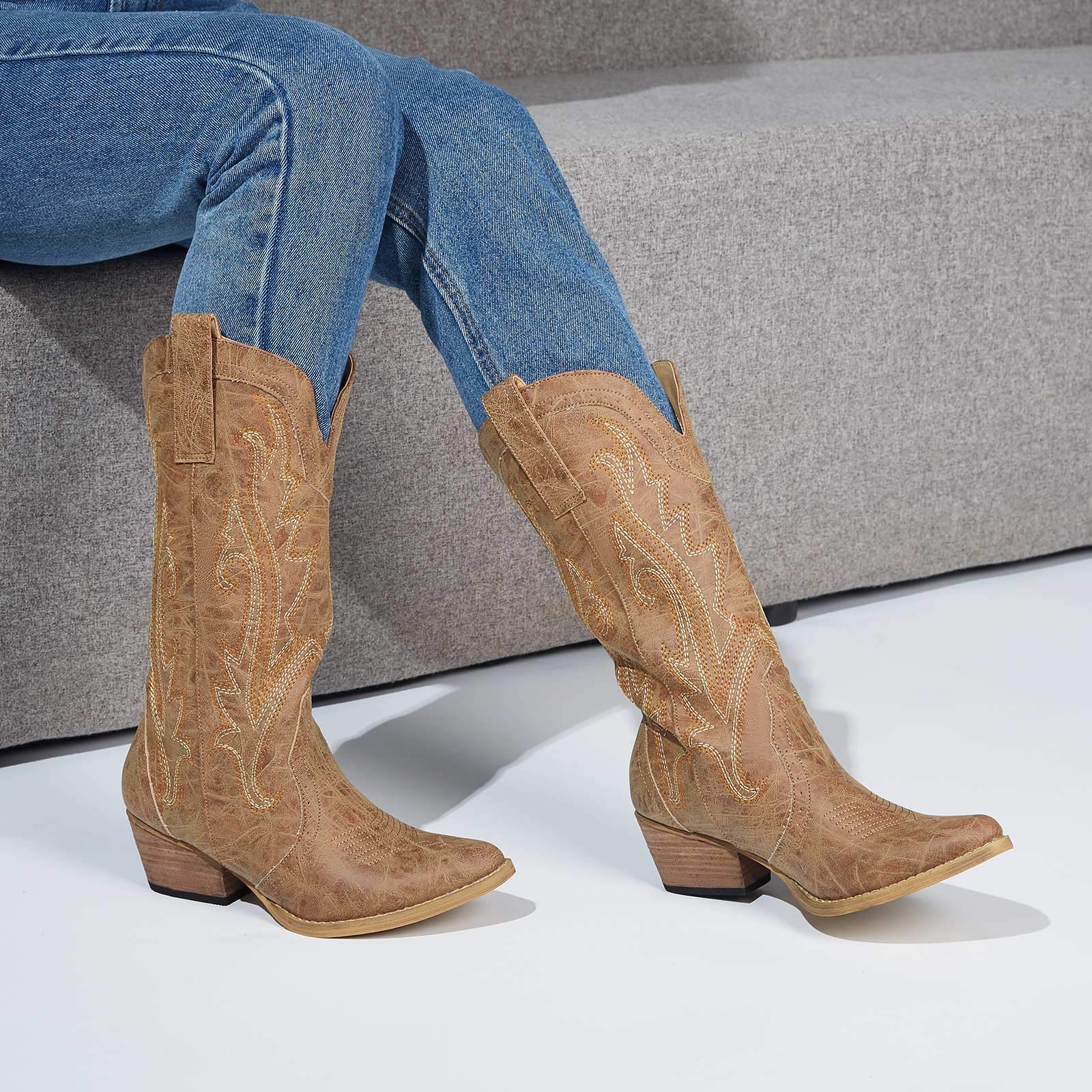 HISEA Rollda Cowboy Boots for Women, Cowgirl Boots, Comfortable Western Boots with Pointed Toe Stitched Embroidery for Country Concert Dancing Wedding Traveling Daily Outfits