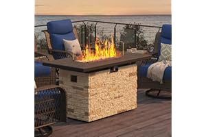 PIZZELLO 43 Inch Outdoor Fire Pit Table, 50,000 BTU Rectangle Propane Fire Pit with Glass Wind Guard, Rain Cover, Removable Lid, Matching with Outdoor Furniture Sets, CSA Certified (Buff)