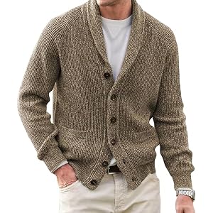 SWJGLITTR Mens Shawl Collar V-Neck Cardigans Slim Fit Wool Sweaters with Pockets Cable Knit Button Sweater Men Cardigan