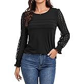 MAXTOOA Womens Long Sleeve Shirts Pleated Front Business Casual with Crewneck Lace Tunic Tops Fit Blouse for Fall
