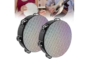 REMAGIC Wooden Tambourine for Adults, Hand Held Drum Bells 2Pcs, 8 inch Handbell Tambourine Drums for Church Party with Drumhead, Double Row Jingles Percussion Musical Educational Drum Instrument