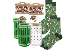 2 Pcks Football Theme Gift Set 16oz Glass Coffee Cups with Lid Straw & Topper 2 Pairs Football Pattern Green Socks Polymer Ca
