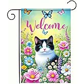 BlissYard Welcome Spring Cat Garden Flag Spring Summer Floral Flower Cat Flag Welcome Yard Flag 12 x 18 Inch Double Sided Butterfly Yard Flags Mini Farmhouse Outdoor Decorative Flag