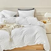 WARMDERN Duvet Cover Set King Size, 3pcs Washed Microfiber White Bedding Set, Soft Breathable Striped Textured Seersucker Duvet Cover with Zipper Closure & Corner Ties(White, King)