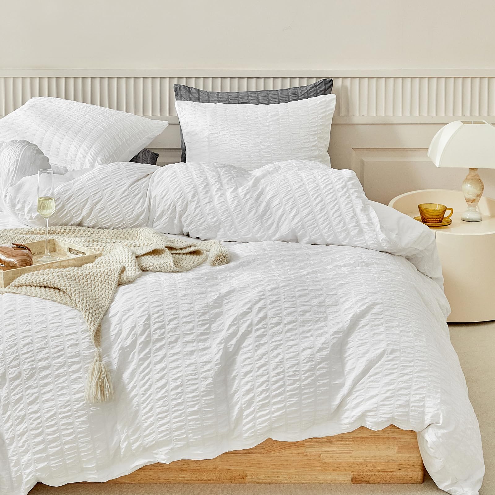 Photo 1 of WARMDERN Duvet Cover Set Queen Size, 3pcs Washed Microfiber White Bedding Set, Soft Breathable Striped Textured Seersucker Duvet Cover with Zipper Closure & Corner Ties(White, Queen)
