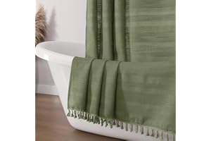 OVZME Sage Green Shower Curtain for Bathroom, Boho Linen Textured Shower Curtain with Tassel, Rustic Striped Heavy Duty Vintage Country Bathroom Curtain, 72Wx72L Inches