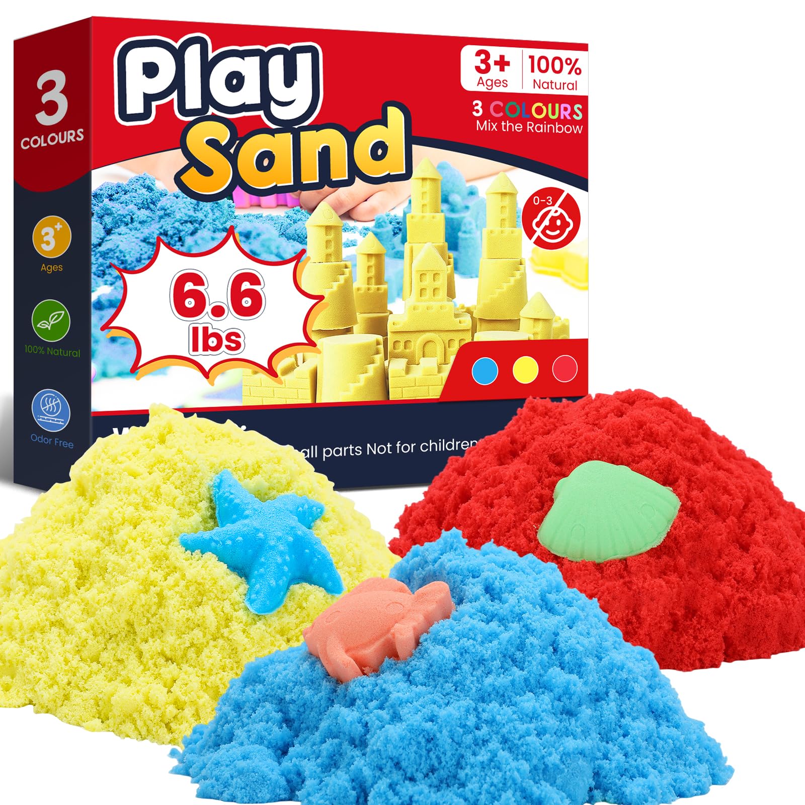 FURWEY 6.6lbs Play Sand,Mixed Packaging of 3-Color Sensory Sand,Suitable for Children to Shaping, Squeezing and Molding