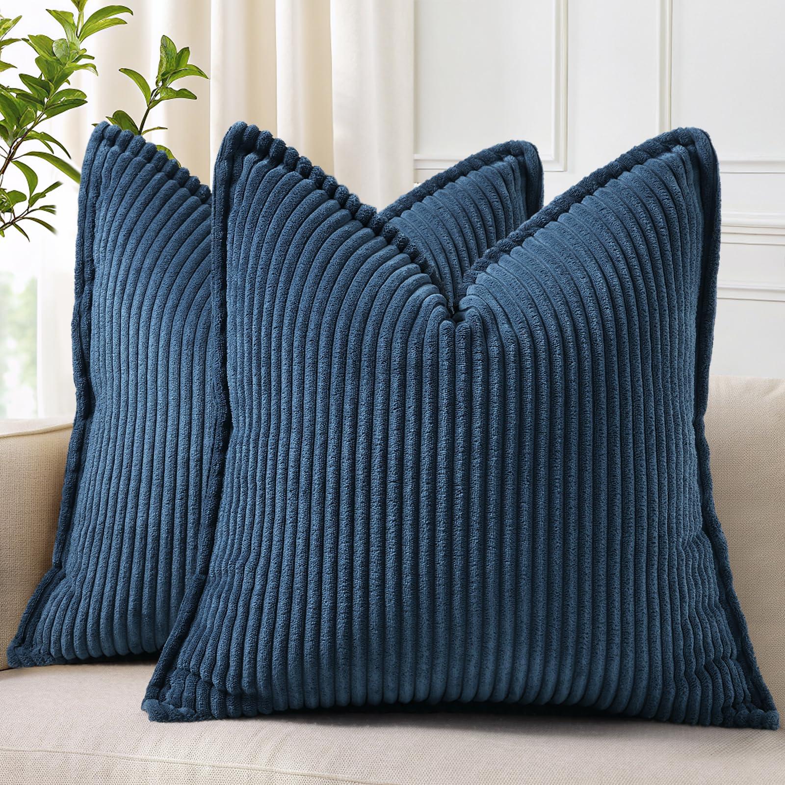Photo 1 of decorUhome Corduroy Navy Blue Throw Pillow Covers 26x26 Set of 2 Decorative Soft Boho Farmhouse Euro Sham Couch Pillow Covers for Living Room Bed Sofa Broadside Striped Pillow Cases
