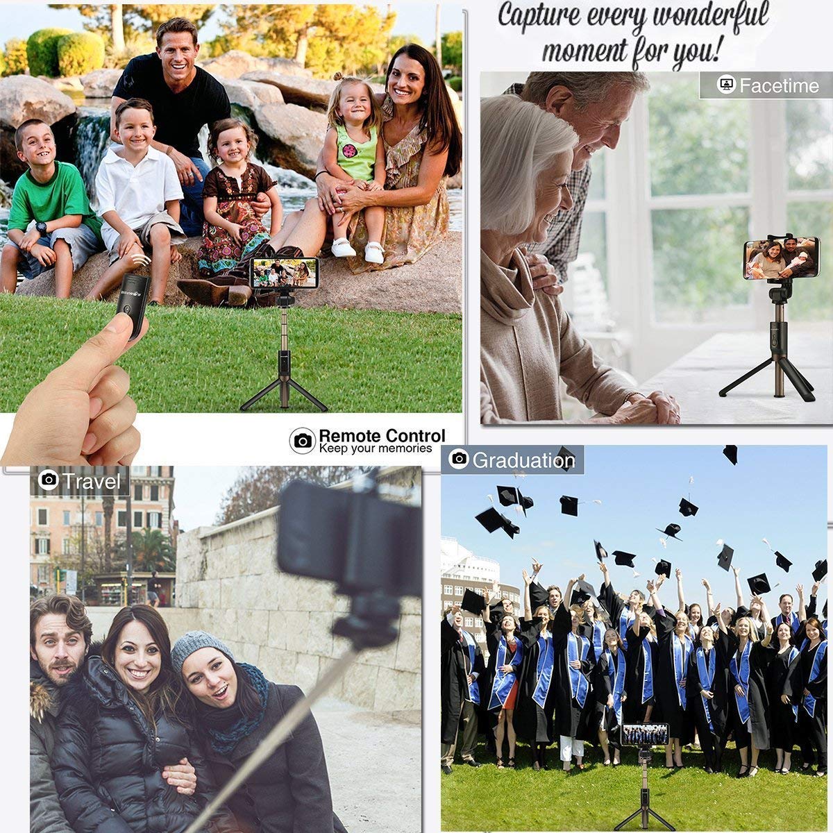 Bluetooth Bastone Selfie Treppiede con remoto per iPhone 7 7 plus 6 6s 6s plus Samsung Galaxy s7 edge Huawei p9 lite Android 3.6-6inch Smartphone Schermo - BlitzWolf 2 in 1 Estensibile Mini Selfie Stick Rotazione di 360 gradi