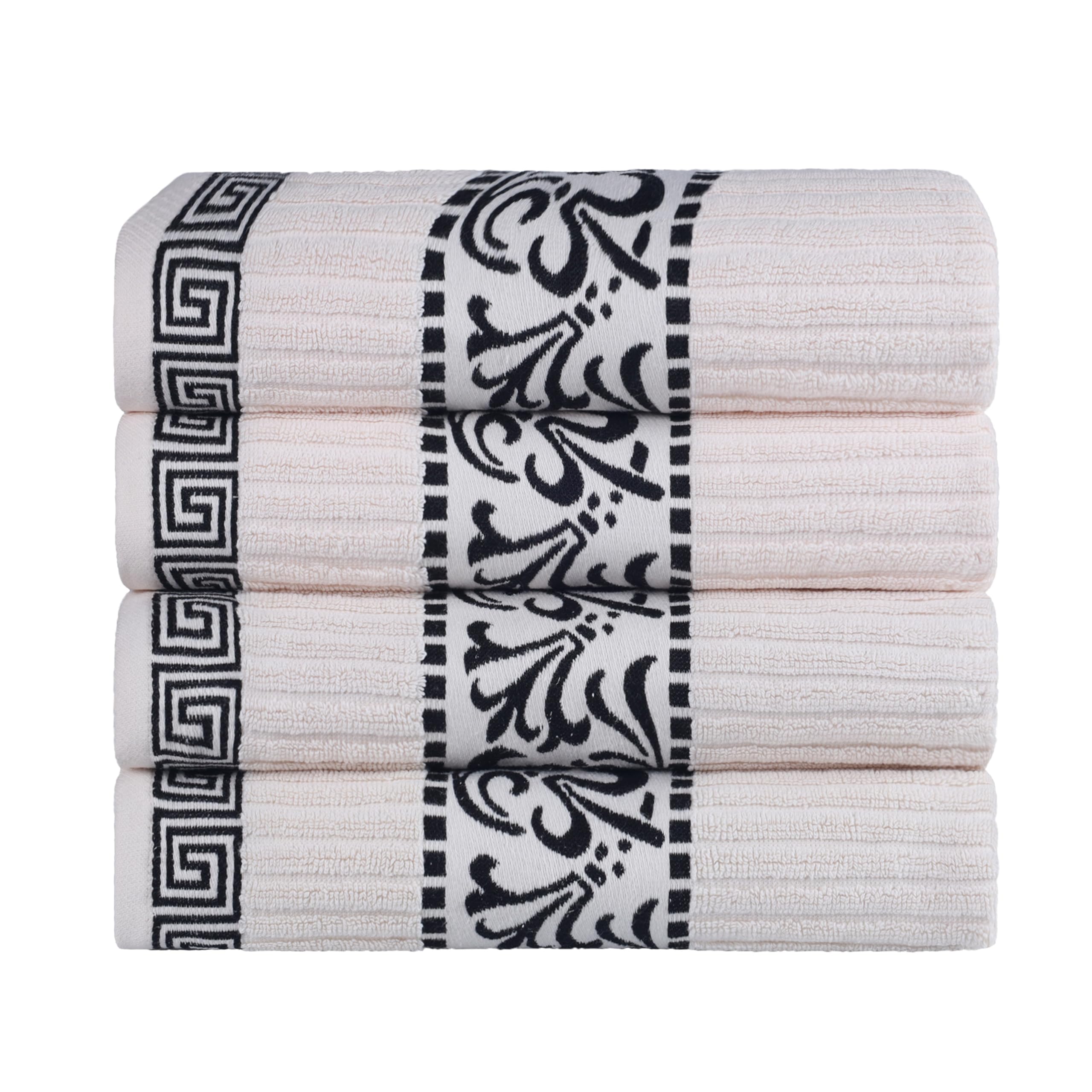 Superior 4-Piece Bath Towel Set, Greek/Floral Decor for Bathroom, Guest Bath, Spa, Resort, Home Essentials, Absorbent Cotton, Adults and Kids, Fast Drying Towels, Athens Collection, Ivory-Black Image