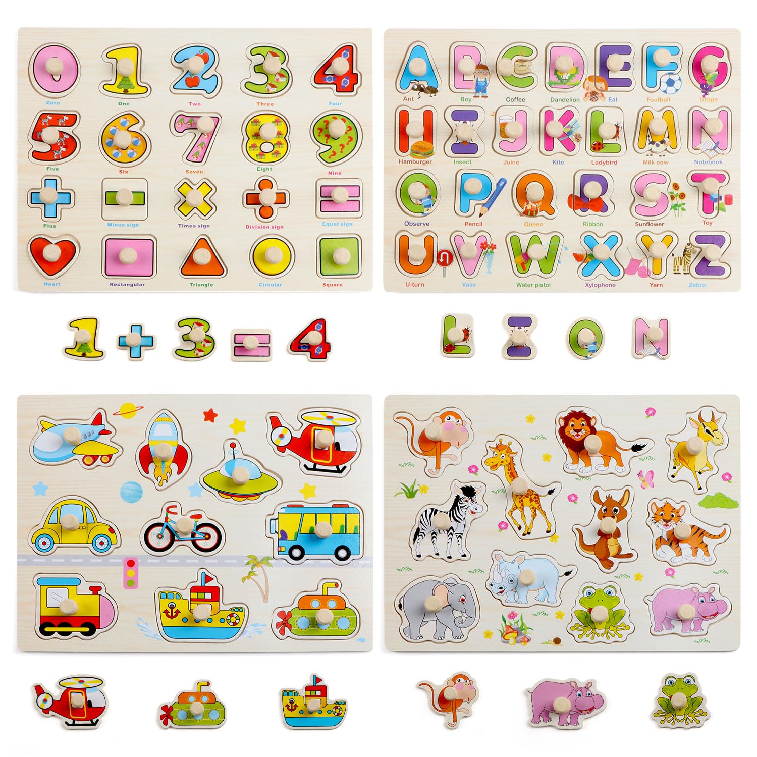 Wondertoys 4 Pieces Wooden Jigsaw Puzzles Vehicles/Alphabet ABC/Fruit/Animal/Alphabet Number Peg Jigsaw Educational Puzzles for Kid Toddler Boys Girls