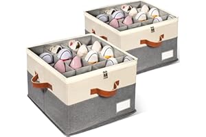 JHHBHV 2 Pack Shoe Organizer for Closet, Adjustable Shoe Box Storage Containers, Large Foldable Shoe Bins with Clear Cover, Space Saving Shoes Holder with 4 Handles, Fits 16-32 Pairs, Beige