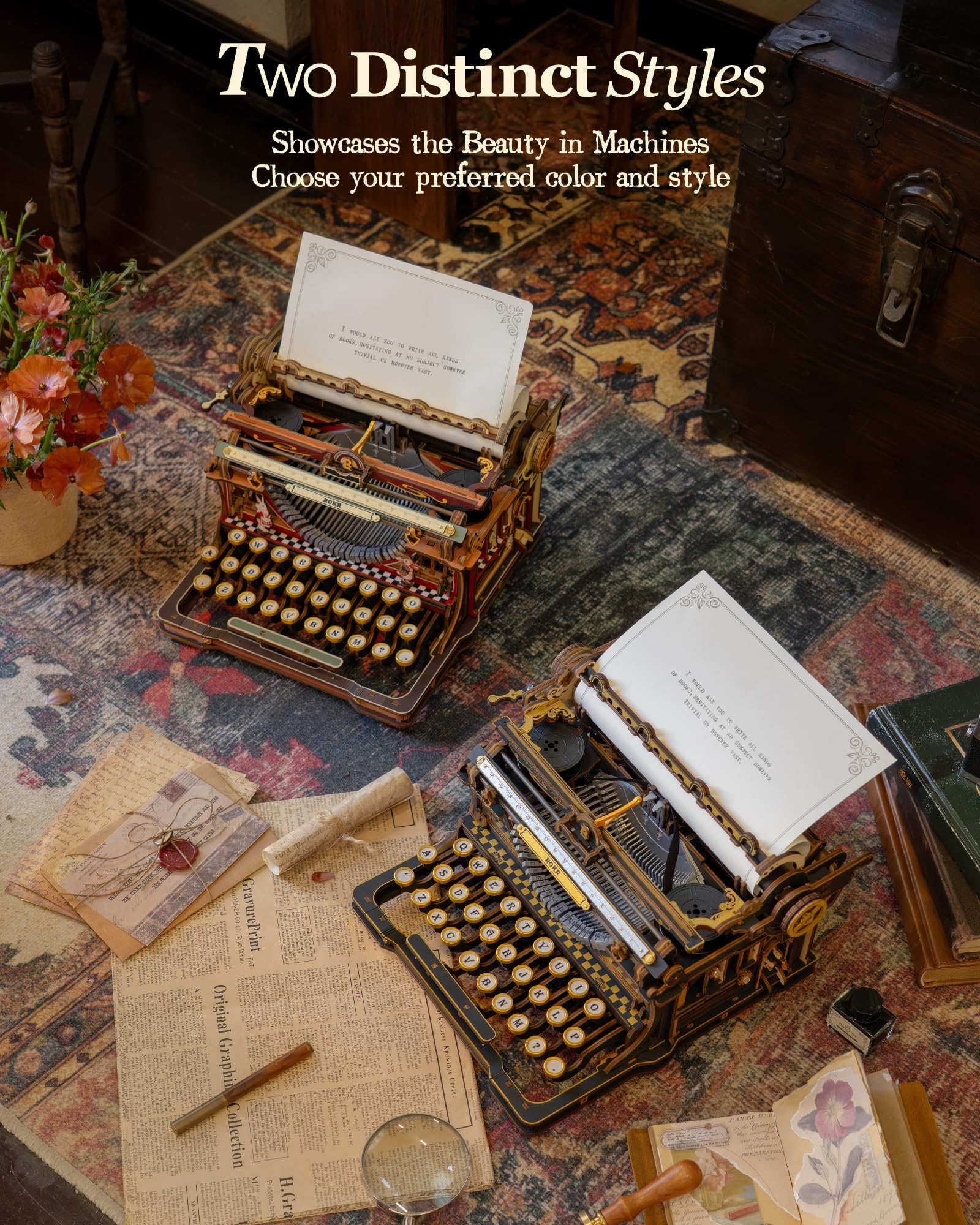 ROKR Typewriter Schreibmaschine 3D Holzpuzzle für Erwachsene, Schwarz-Gold Mechanischer Modellbausatz, Vintage 3D Puzzle Holz für Homeoffice-Deko, Retro DIY Geschenk für geduldige Bastler LK703B 9