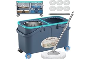 WODEMOM 2025 Upgraded Gen 2 Spin Mop and Bucket Set with 4 Swivel Wheels for Easy Rolling, Separates Clean & Dirty Water, Floor Mop with 6 Washable Mop Heads for Wood, Tile, Vinyl, Baseboards - Grey/Blue