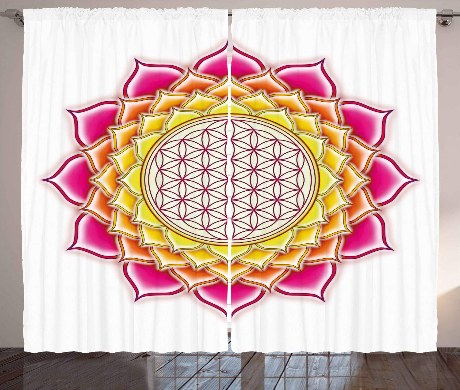 ABAKUHAUS Lotus Curtains, Flower of Life Geometry Pattern Inside Lotus Petals Yoga Image, Living Room Bedroom Window Drapes 2 Panel Set, 102 L X 110 W, Hot Pink Orange Yellow