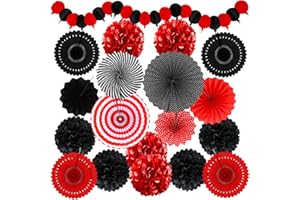 Recosis Red and Black Party Decorations, Papar Fans Pompoms Fans Garlands for Birthday Wedding Graduation Game Night Boy Girl Party Decorations