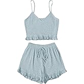 Avanova Women Sexy 2 Piece Pajama Set Ruffle Trim Cami Top and Shorts Sleepwear Set