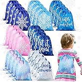 CHENGU Winter Snowflake Party Favors Bags Bulk Frozen Party Gift Bags for Winter Kids Birthday Favor Drawstring Goodies Bag Wonderland Gift for Candy Boys Girls Themed Baby Shower Supplies(28 Pack)