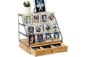Poyilooo Trading Card Display, 3-Tier Card Storage with Drawer, Wood Graded Card Display, Sports Card Display Case for Card Game Collection-Trading Card Holder Christmas Gifts (Carbonized Brown)