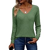 Zeagoo Womens Sweaters Fall Trendy Casual Long Sleeve Shirt Lightweight V Neck Off Shoulder Crochet Pullover Top Outfit